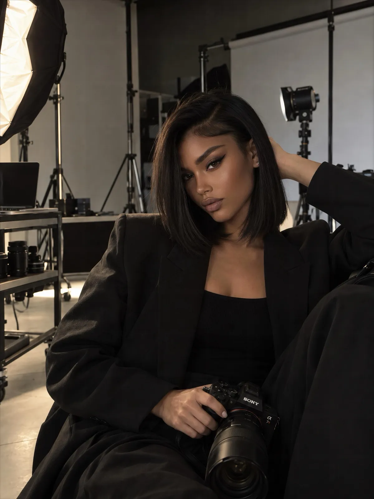 Aya Nascimento, photographe portraitiste, assise dans son studio, un appareil photo Sony à la main
